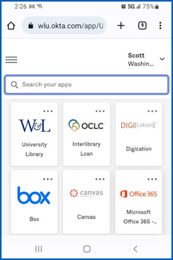 screenshot of mobile browser with Okta screen showing application buttons available to click to sign into.