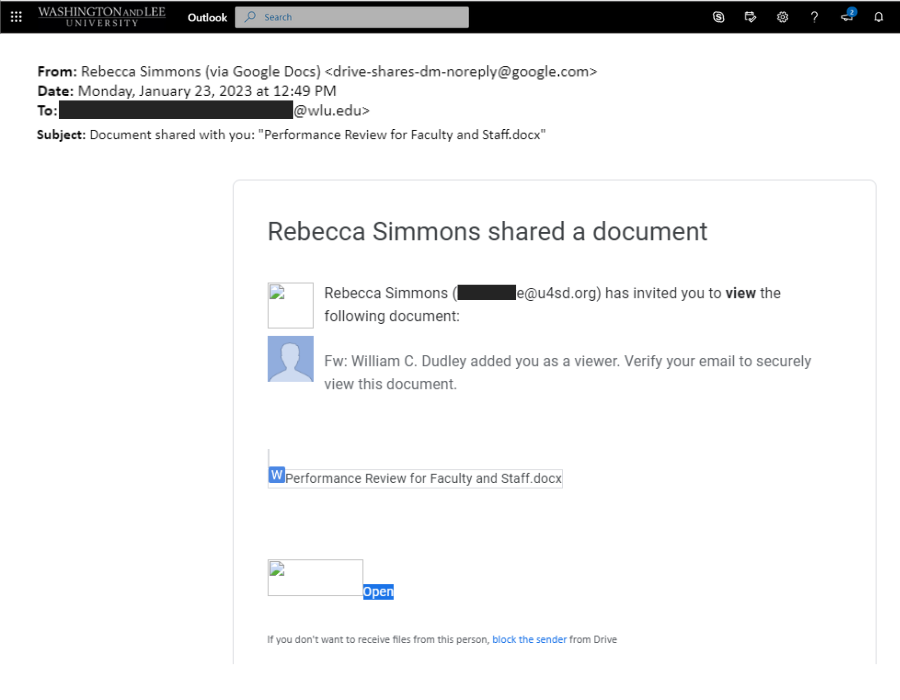 screenshot of phish email that says:  Rebecca Simmons has invited you to view the following document:<br />
Fw: William C. Dudley added you as a viewer. Verify your email to securely view this document.<br />
Performance Review for Faculty and Staff.docx